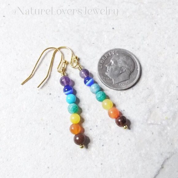 7 Chakra Earrings! Dainty + Slim Dangle Earrings with Semi-Precious Stones - Picture 4 of 9